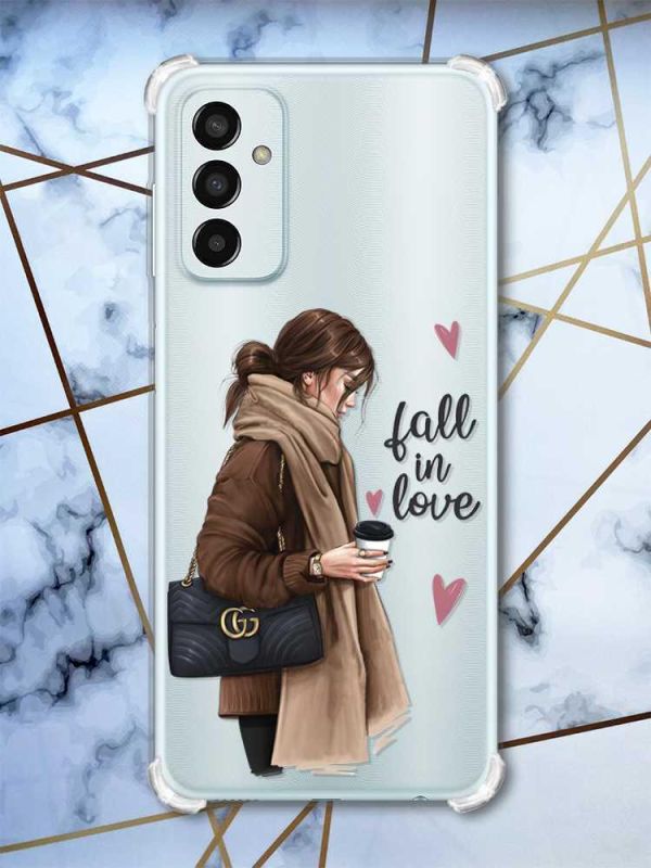 Чохол із потовщеними кутами на Samsung Galaxy M13 4G дизайн Дівчина з кавою принт 112