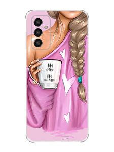 Чохол із потовщеними кутами на Samsung Galaxy M13 4G рельєфний дизайн Дівчина з кавою принт 58