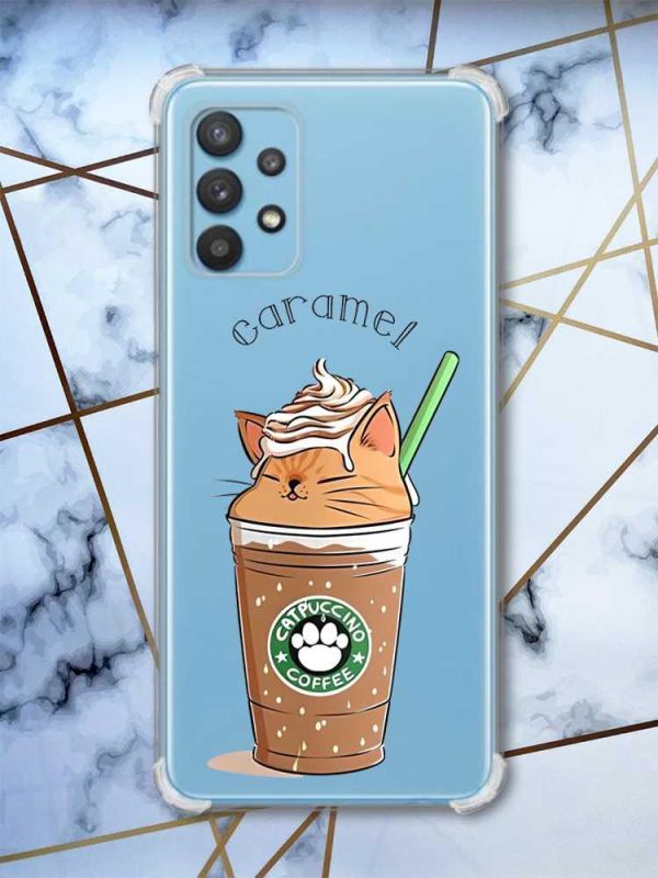 Чохол з потовщеними кутами на Samsung Galaxy A32 дизайн Капучіно котик принт 97