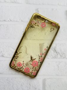 Силіконовий чохол із золотим обідком та малюнком для Huawei P10 Plus Рожеві квіти