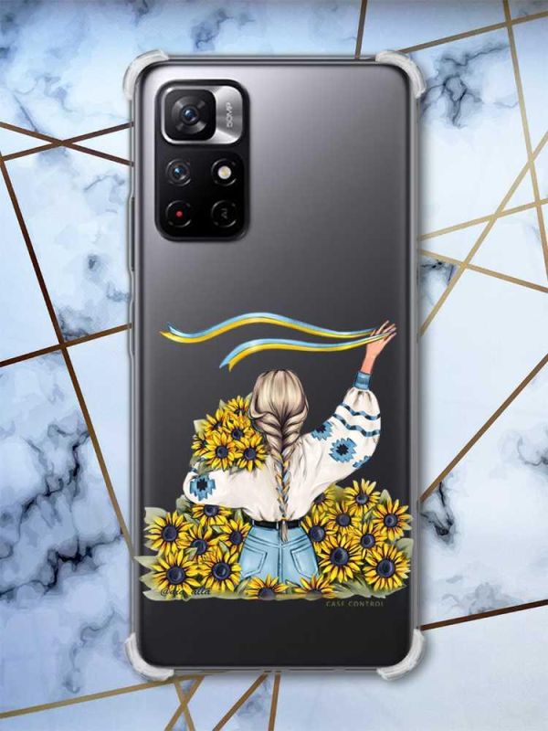 Чохол з потовщеними кутами на Xiaomi Redmi Note 11 5G :: Дівчина зі стрічкою (патріотичний принт 25)