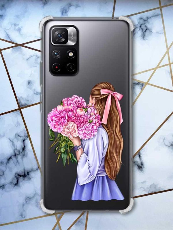 Чохол з потовщеними кутами на Xiaomi Redmi Note 11 5G Дівчина з півоніями (принт: 11)