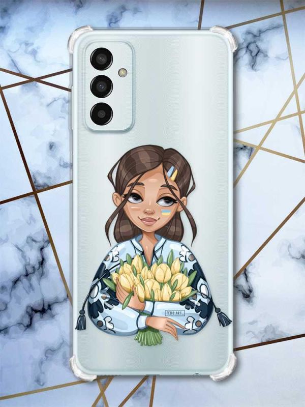 Чохол із потовщеними кутами на Samsung Galaxy M13 4G Дівчина з тюльпанами (патріотичний принт: 22)