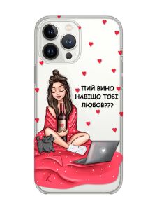 Прозорий чохол із захистом камери на iPhone 14 Pro Дівчина з вином (принт 219)