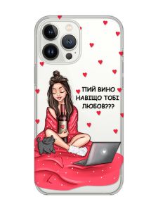 Прозорий чохол із захистом камери на iPhone 14 Pro Max Дівчина з вином (принт 219)