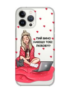 Прозорий чохол із захистом камери на iPhone 14 Pro Дівчина з вином (принт 220)