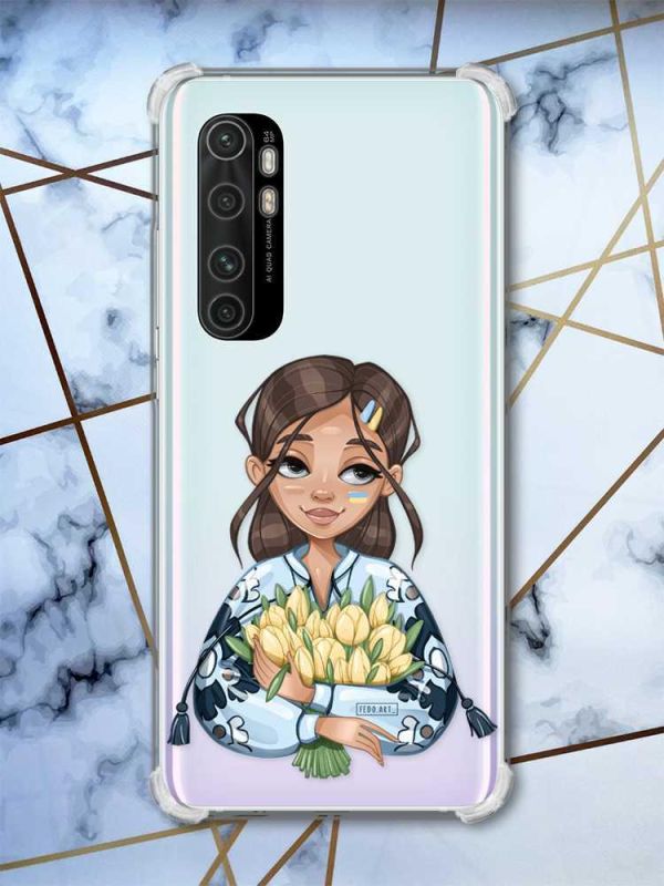 Чохол з потовщеними кутами на Xiaomi Mi Note 10 Lite Дівчина з тюльпанами (патріотичний принт 22)