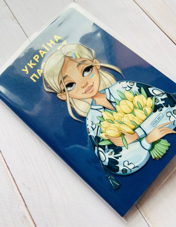 Обкладинка на паспорт книжечку :: Дівчина з тюльпанами (патріотичний принт 23)