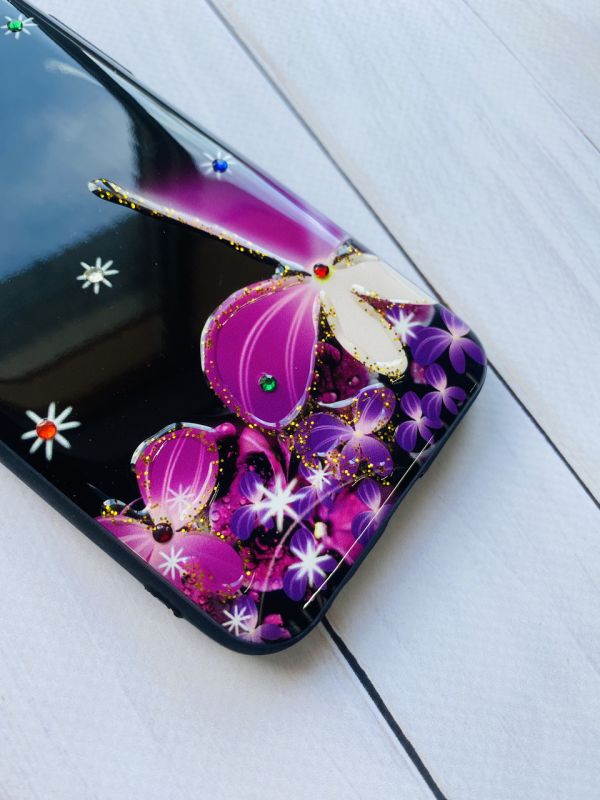 Силіконовий чохол з камінням для Samsung Galaxy J2 Core Фіолетова квітка на чорному