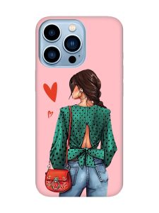 Матовий рожевий чохол на Apple iPhone 13 Pro Max Дівчина в зеленому (принт 224)