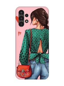 Матовий рожевий чохол на Samsung A13 4G Дівчина в зеленому (принт 224)