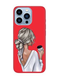 Матовий червоний чохол на Apple iPhone 13 Pro Max Дівчина з латте (принт 227)