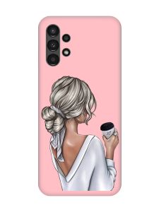Матовий рожевий чохол на Samsung A13 4G Дівчина з латте (принт 227)
