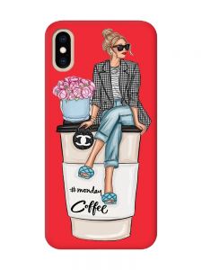 Матовий червоний чохол на iPhone XS MAX Дівчина на каві (принт 228)