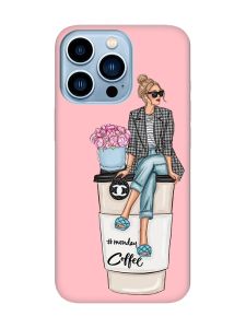 Матовий рожевий чохол на Apple iPhone 13 Pro Max Дівчина на каві (принт 228)