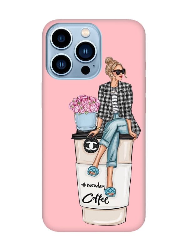 Матовий рожевий чохол на Apple iPhone 13 Pro Max Дівчина на каві (принт 228)