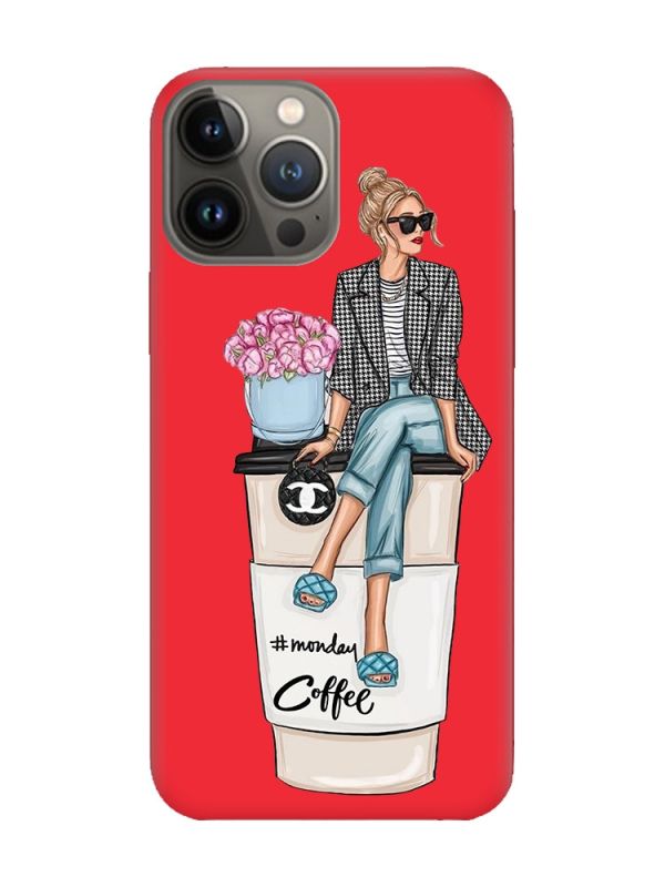 Матовий червоний чохол на Apple iPhone 13 Pro Дівчина на каві (принт 228)