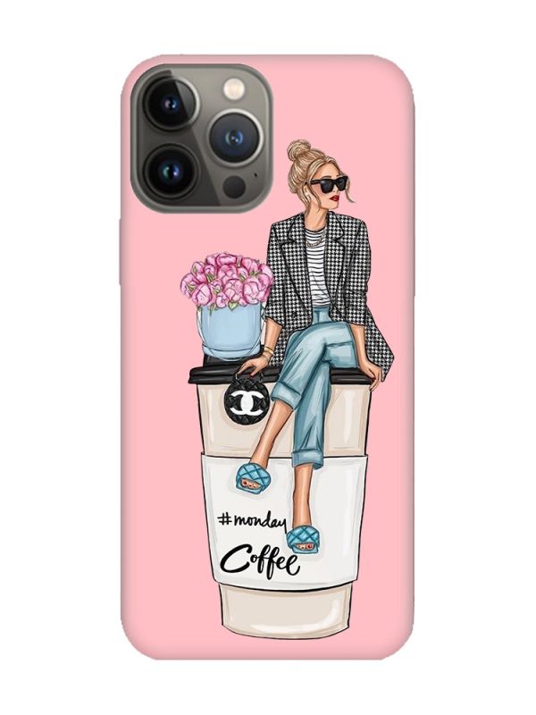 Матовий рожевий чохол на Apple iPhone 13 Pro Дівчина на каві (принт 228)