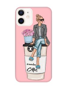 Матовий рожевий чохол на Apple iPhone 12 / 12 Pro (6.1) Дівчина на каві (принт 228)