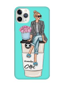 Матовий бірюзовий чохол на iPhone 11 Pro Max (6.5) Дівчина на каві (принт 228)