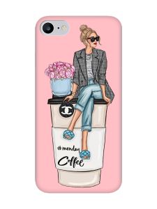 Матовий рожевий чохол на iPhone 7 / 8 Дівчина на каві (принт 228)