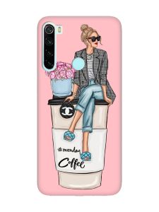 Матовий рожевий чохол на Xiaomi Redmi Note 8 Дівчина на каві (принт 228)