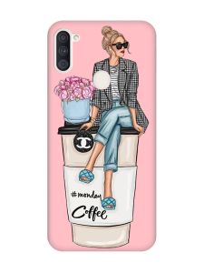 Матовий рожевий чохол на Samsung Galaxy A11 Дівчина на каві (принт 228)