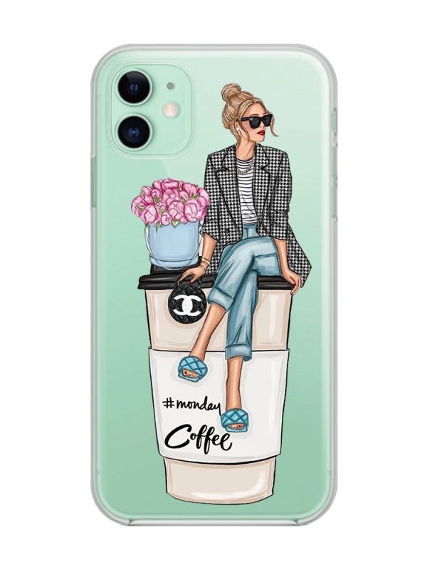 Прозорий чохол на Apple iPhone 11 (6,1) :: Дівчина на каві (принт 228)