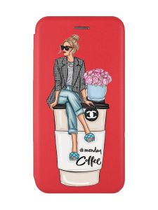 Чохол-книжка з малюнком для Samsung Galaxy A03 (A035) Червоний :: Дівчина на каві (принт 228)