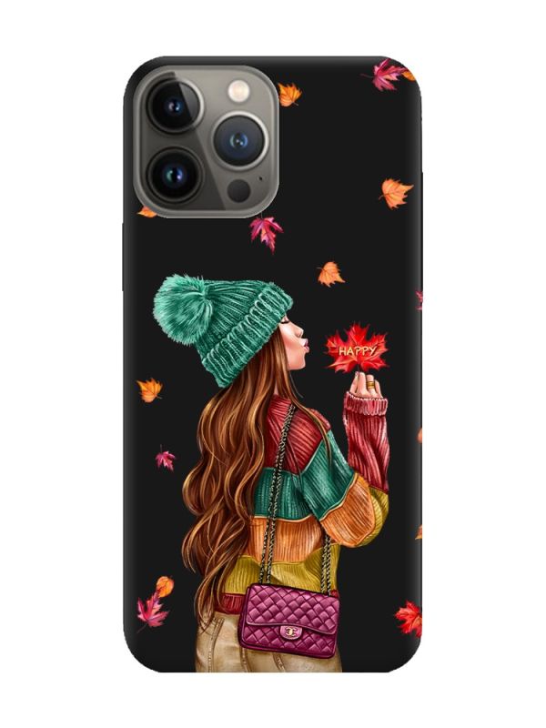 Матовий чорний чохол на Apple iPhone 13 Pro :: Дівчина з листям (принт 221)