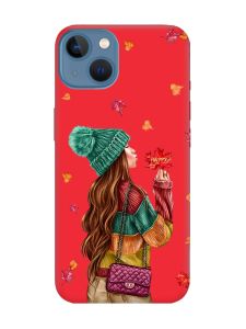 Матовий червоний чохол на Apple iPhone 13 :: Дівчина з листям (принт 221)