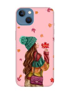 Матовий рожевий чохол на Apple iPhone 13 :: Дівчина з листям (принт 221)