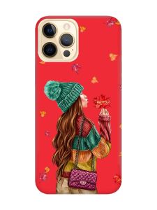 Матовий червоний чохол на Apple iPhone 12 Pro Max :: Дівчина з листям (принт 221)