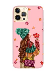 Матовий рожевий чохол на Apple iPhone 12 Pro Max :: Дівчина з листям (принт 221)
