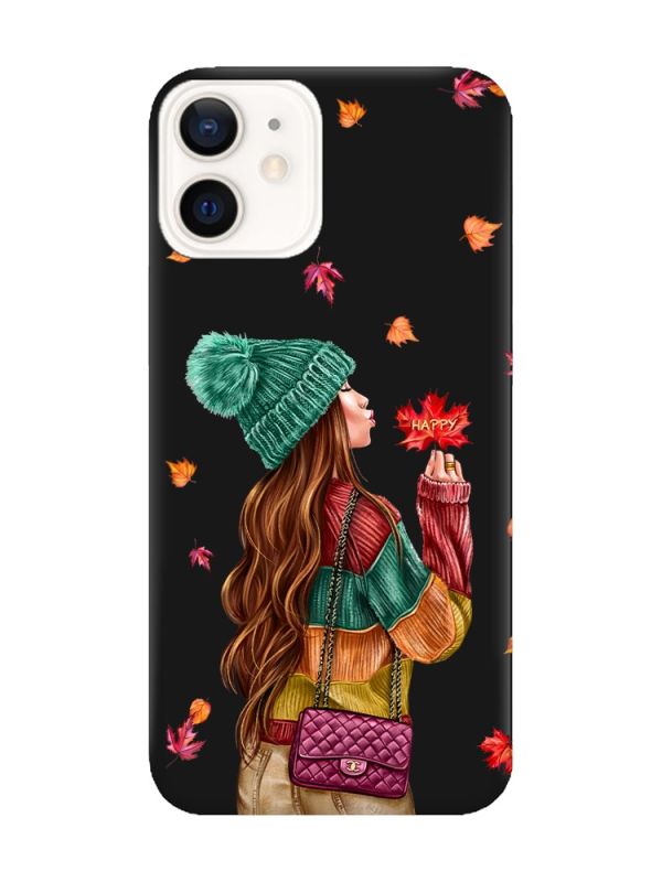 Матовий чорний чохол на Apple iPhone 12 / 12 Pro (6.1) :: Дівчина з листям (принт 221)