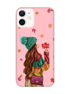 Матовий рожевий чохол на Apple iPhone 12 / 12 Pro (6.1) :: Дівчина з листям (принт 221)
