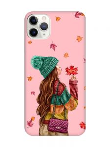Матовий рожевий чохол на iPhone 11 Pro Max (6.5) :: Дівчина з листям (принт 221)