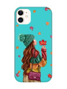 Матовий бірюзовий чохол на Apple iPhone 11 (6.1) :: Дівчина з листям (принт 221)