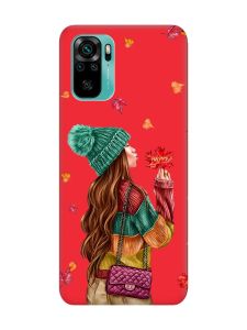 Матовий червоний чохол на Xiaomi Redmi Note 10 / Note 10s :: Дівчина з листям (принт 221)