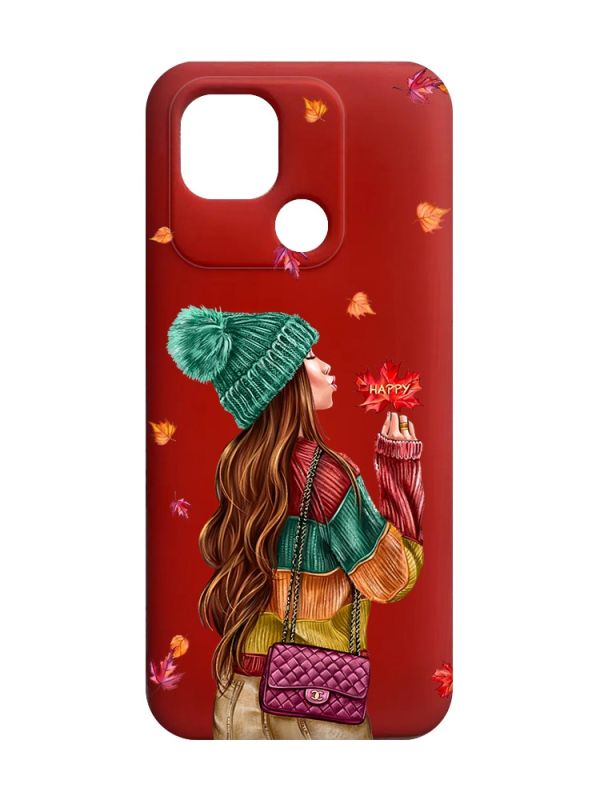 Матовий червоний чохол на Xiaomi Redmi 10C :: Дівчина з листям (принт 221)
