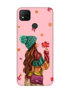 Матовий рожевий чохол на Xiaomi Redmi 9C / 10A :: Дівчина з листям (принт 221)