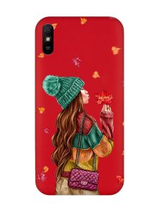 Матовий червоний чохол на Xiaomi Redmi 9A :: Дівчина з листям (принт 221)