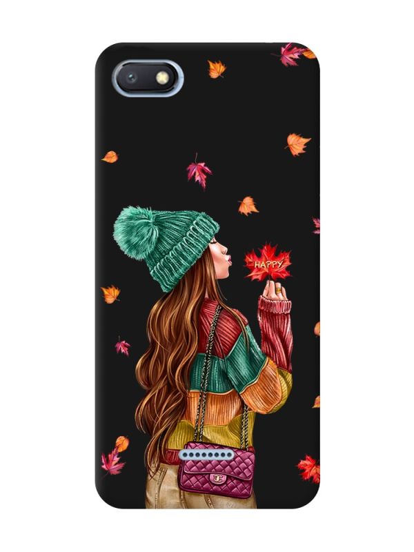 Матовий чорний чохол на Xiaomi Redmi 6A :: Дівчина з листям (принт 221)
