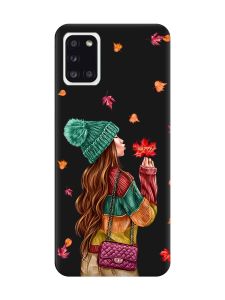 Матовий чорний чохол на Samsung Galaxy A31 :: Дівчина з листям (принт 221)
