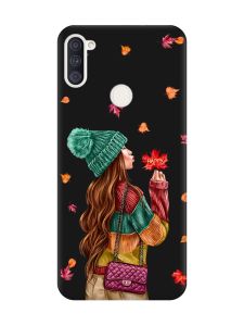 Матовий чорний чохол на Samsung Galaxy A11 :: Дівчина з листям (принт 221)