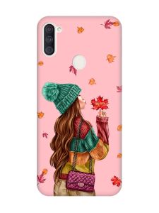 Матовий рожевий чохол на Samsung Galaxy A11 :: Дівчина з листям (принт 221)