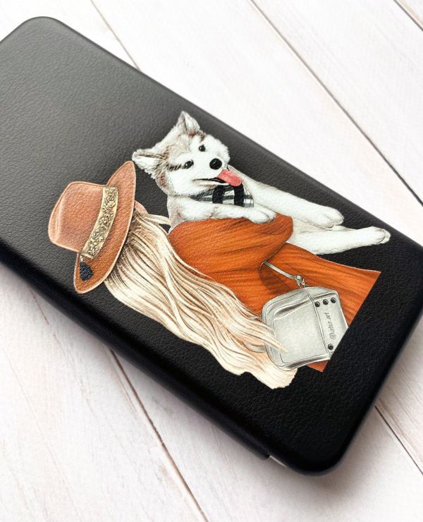 Чохол-книжка з малюнком для Samsung Galaxy A23 Чорний; Дівчина з песиком (принт 115)