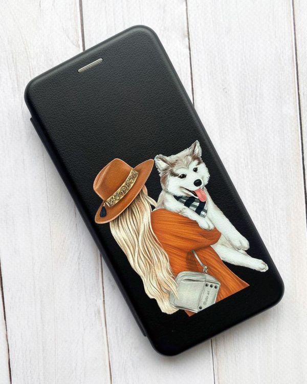 Чохол-книжка з малюнком для Xiaomi Redmi 8A Чорний; Дівчина з песиком (принт 115)