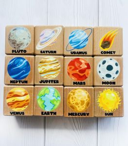 Дитячі розвиваючі дерев'яні кубики із зображеннями планет Космос (комплект 2)