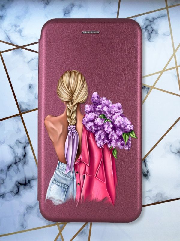 Чохол-книжка з малюнком для Samsung Galaxy А10ѕ/ A107 Бордовий :: Дівчина з бузком (принт 7)